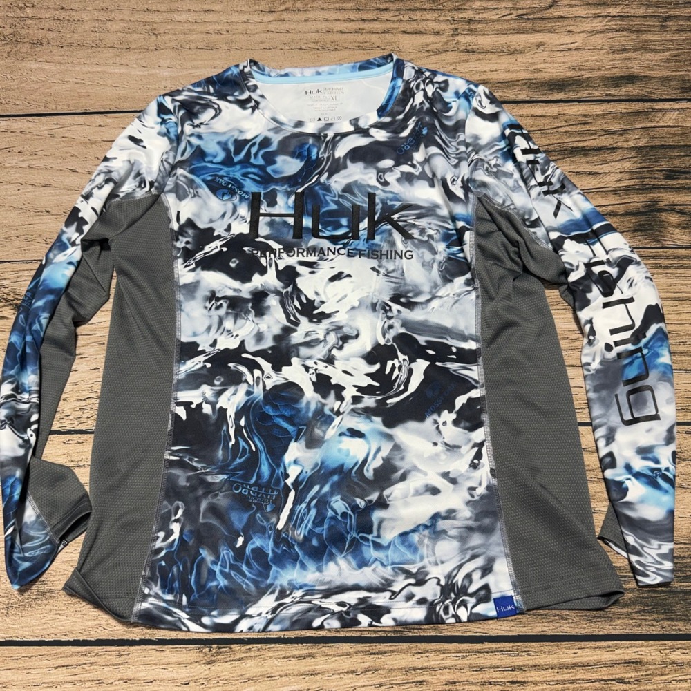 Huk Fishing Shirt Men XL Blue Mossy Oak Hydro Camo Long Sleeve Performance Tee
